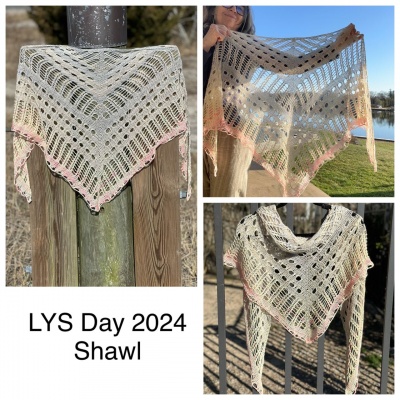 The special shawl designed using one skein of Merino Cloud in LYS Day Colorway (free with purchase).