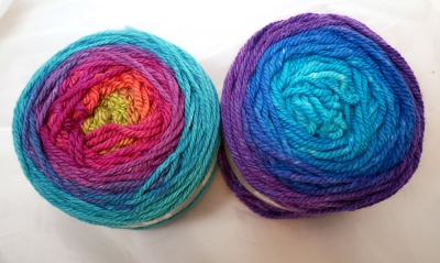 These are exactly the same colorways but wound from the other end.  Dirty Hippie is on the left; Blue Velvet on the right.