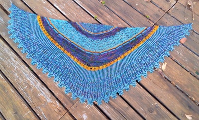 Kathy's original -- this shows the shawl as knit in the colorways of our kit.